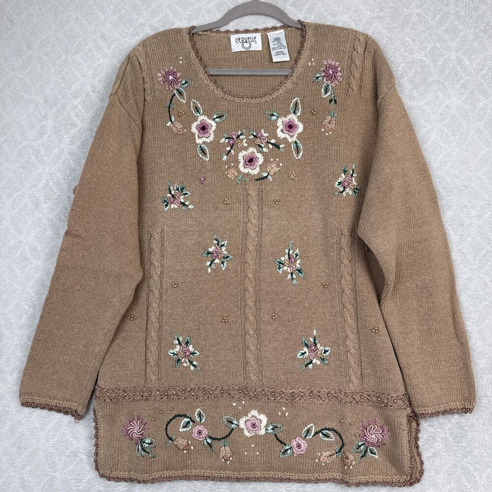 Vtg Cervelle Sweater Womens Large Floral Embroidery Cottage Grandma Feminine 90s